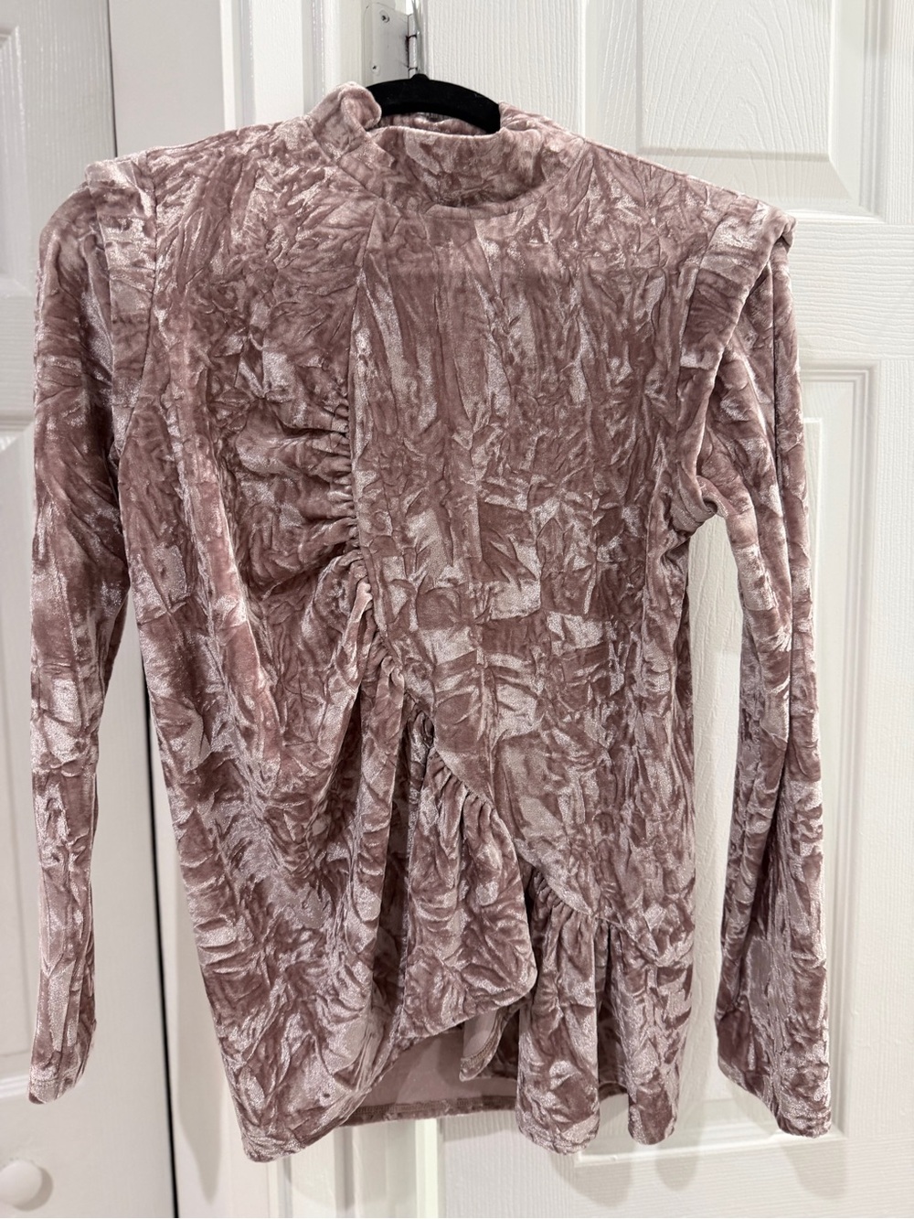Crushed Velvet Ruffle Long-Sleeve Top - Blush